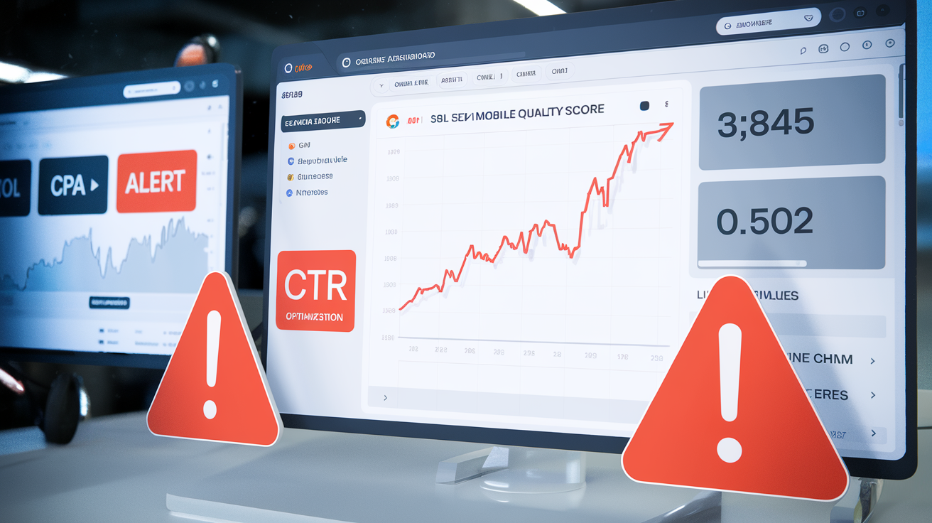 Exemple de dashboard Google Ads avec alertes sur le Quality Score, CPA et CTR