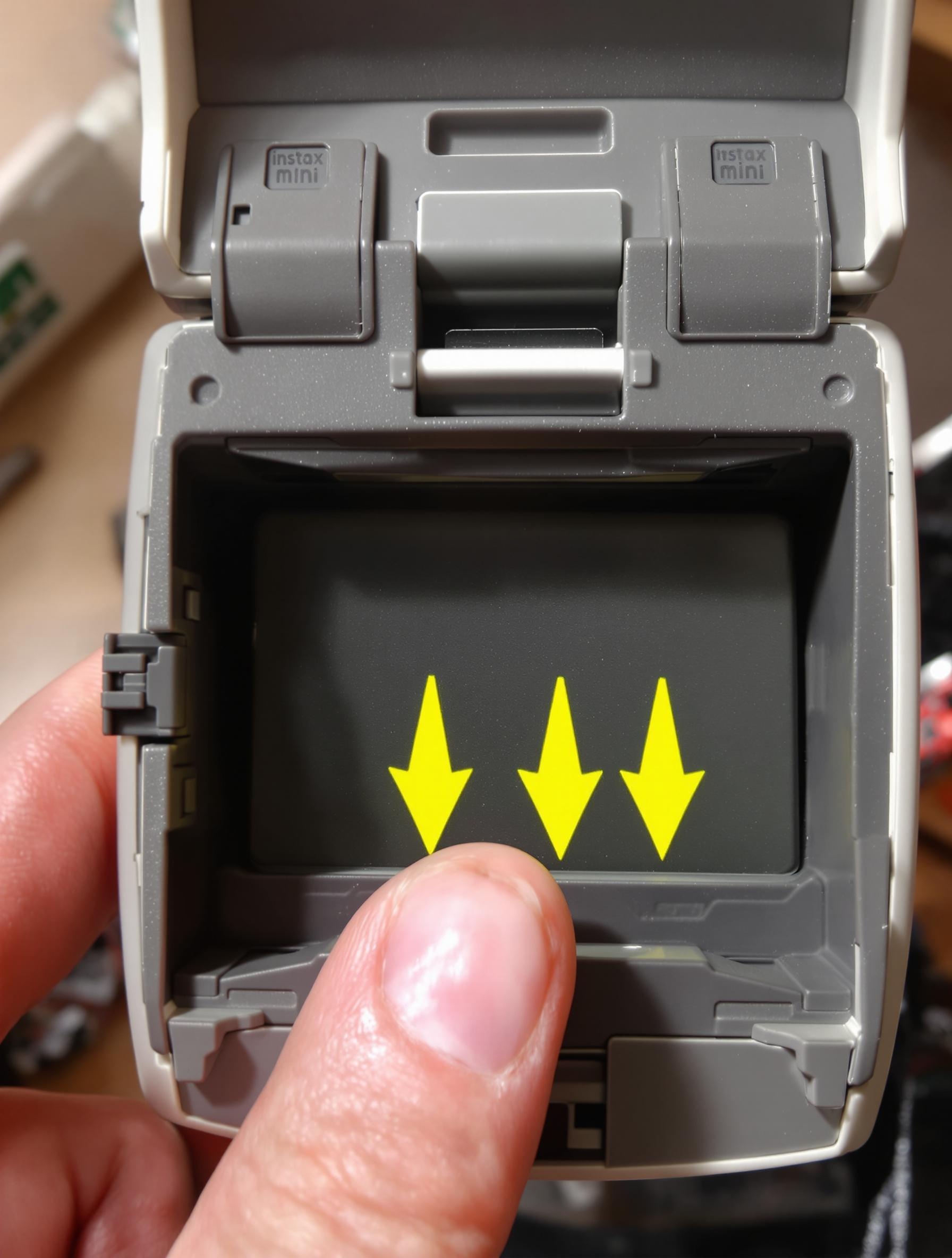 Loquet de compartiment Instax fermé avec repères alignés