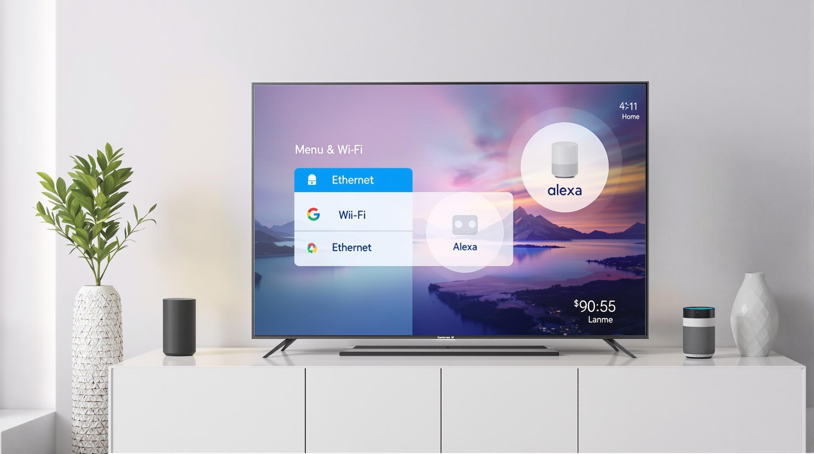 Connexion réseau Smart TV avec assistant vocal visible