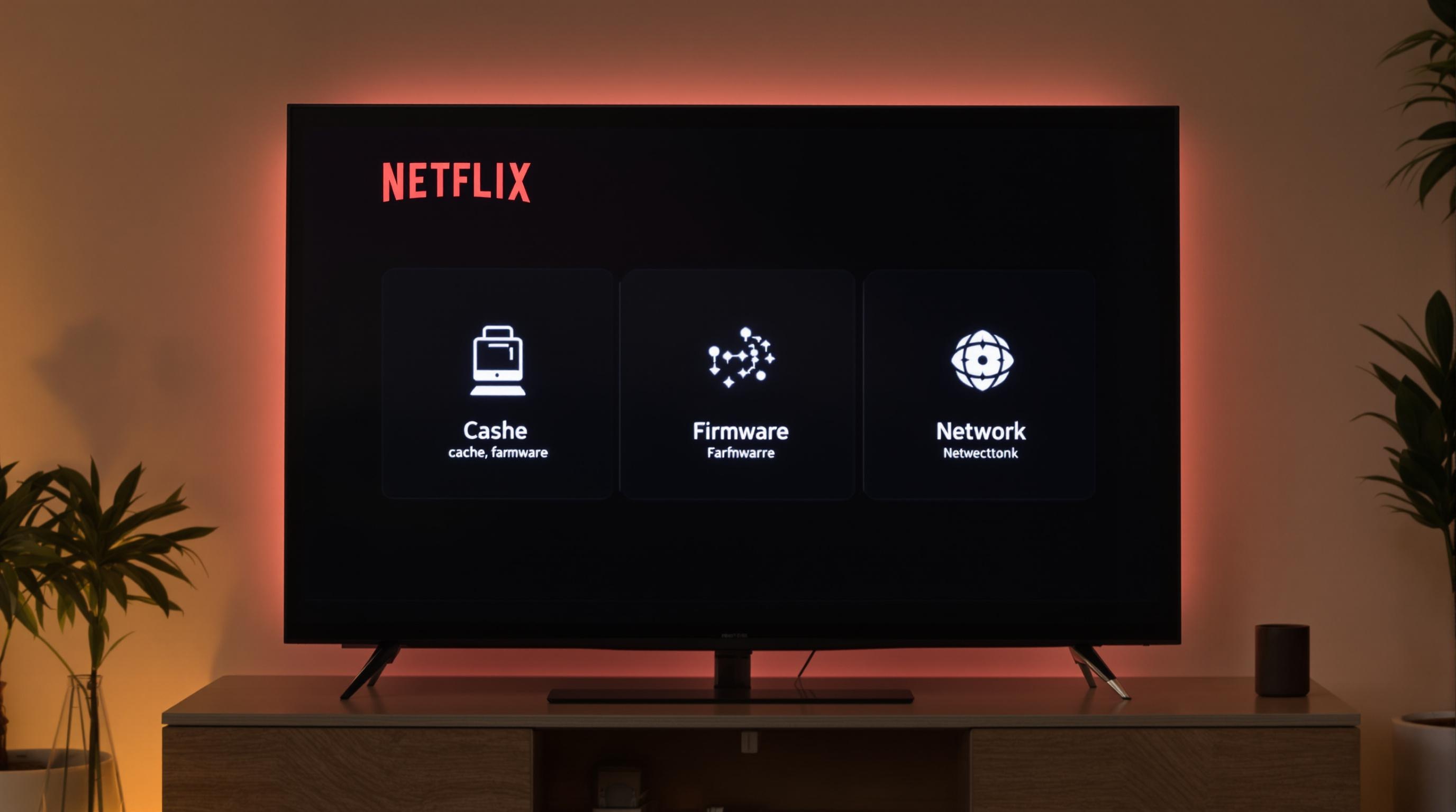 Smart TV écran affichant un message d’erreur Netflix, avec des icônes cache, firmware, et réseau visibles