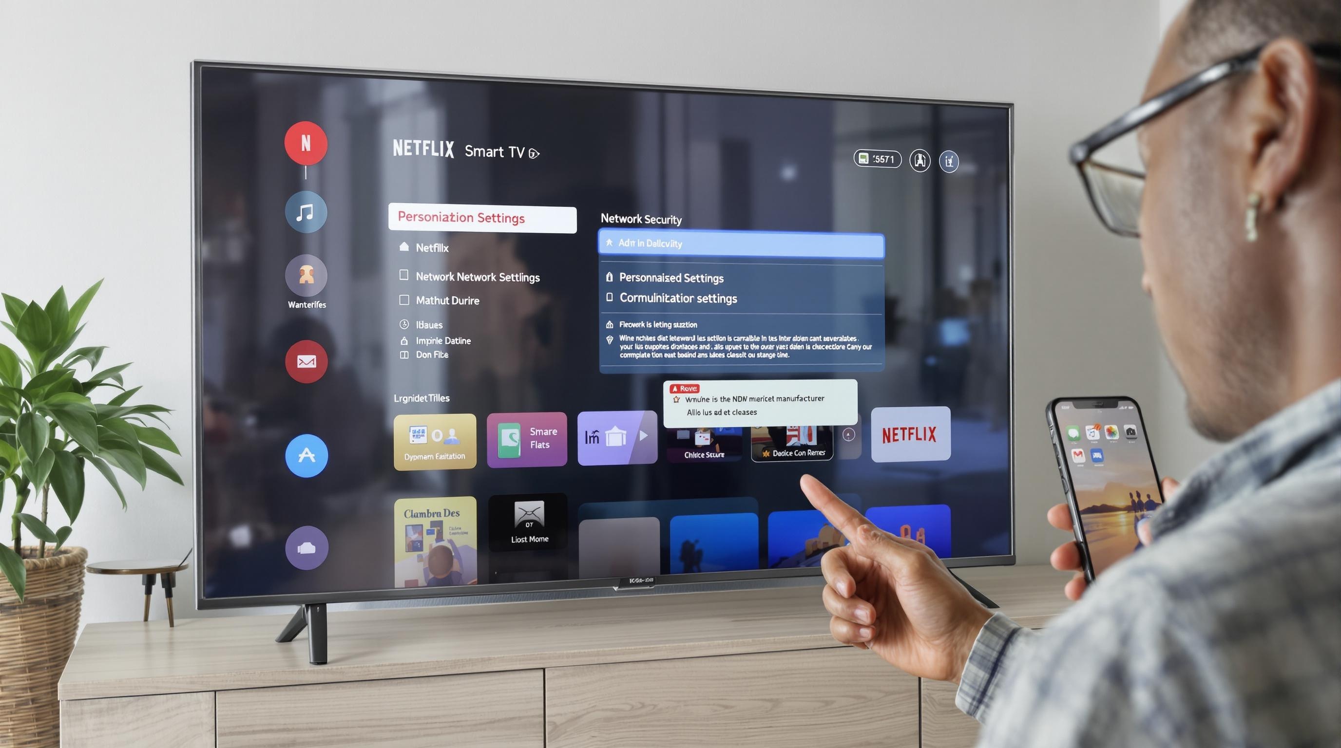 Smart TV avec interface Netflix, sécurité réseau vérifiée, dénonciation des pratiques fabricants
